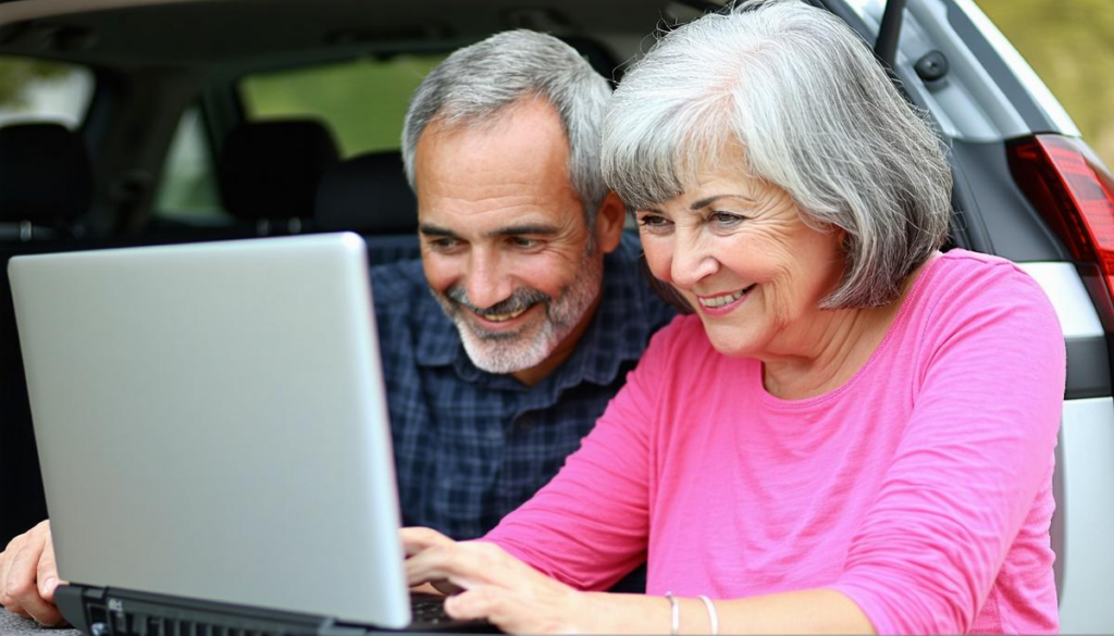  Senior couple using a laptop to research SUV discounts online