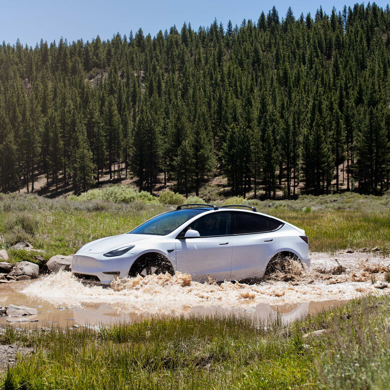 tesla model y on the road